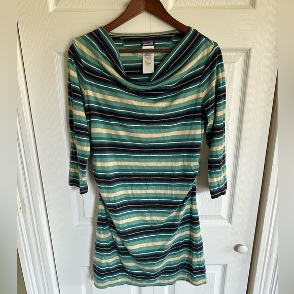 Patagonia Size Medium Kamala Cowl Neck Dress Blue Green Stripe Ruched Active - Picture 1 of 11